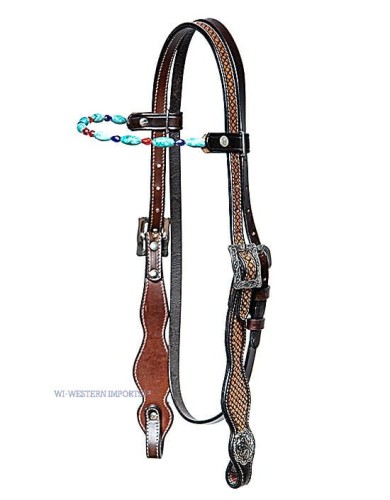 OGŁOWIE BASKET TOOLED HEADSTALL WITH TURQUOIS GEMSTONES