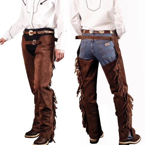 SUEDE WESTERN CHAPS WITH FRINGES, SIZE S, COLOR BLACK